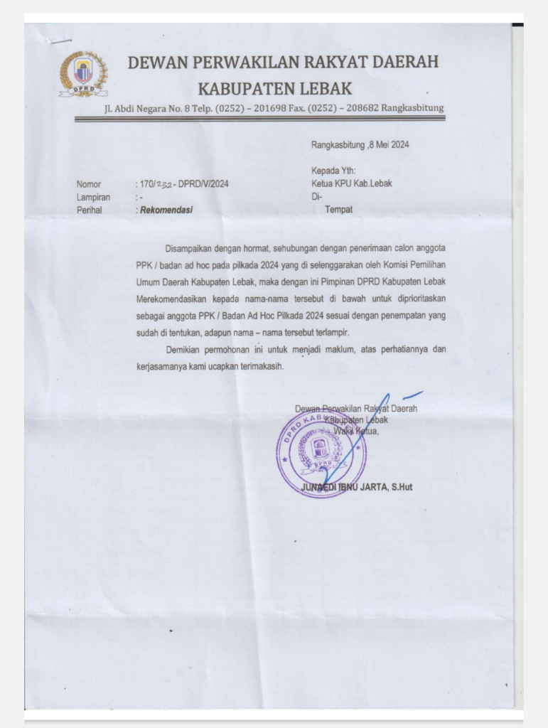 Heboh, 'Surat Sakti' DPRD Lebak Diduga Titip Nama Loloskan Calon PPK 1