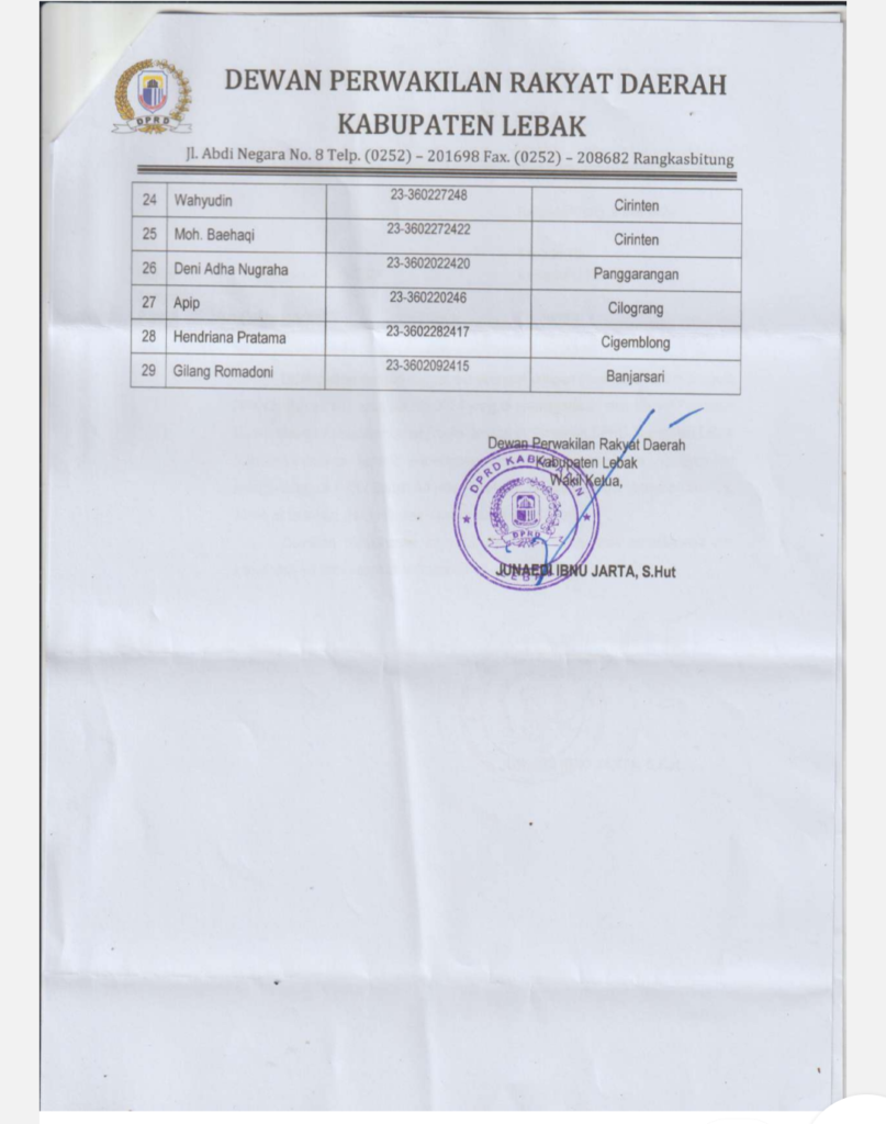 Heboh, 'Surat Sakti' DPRD Lebak Diduga Titip Nama Loloskan Calon PPK 3